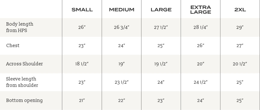 Size Chart for T-Shirt